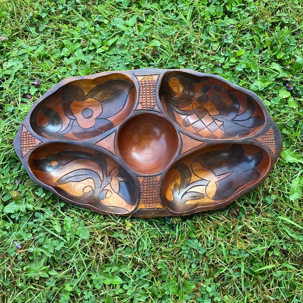 Vintage Wooden Carved Divided Dish Snack Bowl